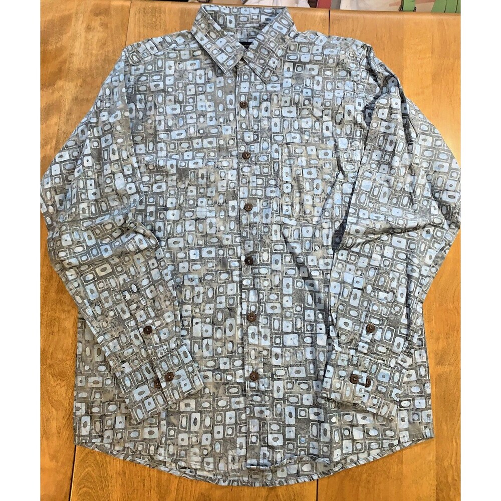 Pete Huntington Bali Geometric Print Gray/Baby blue Shirt Sz Small Hawaiian